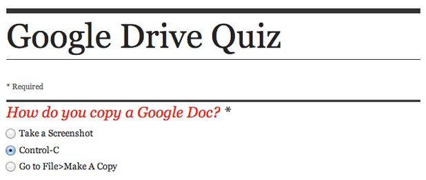 Google Drive Quiz Example Question