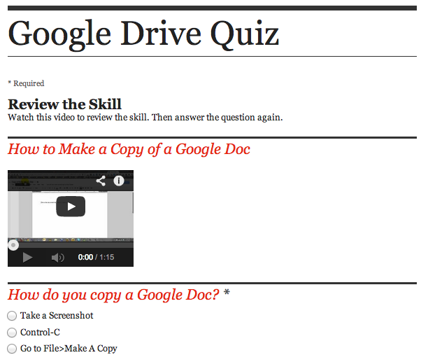 Google Drive Quiz Example Question
